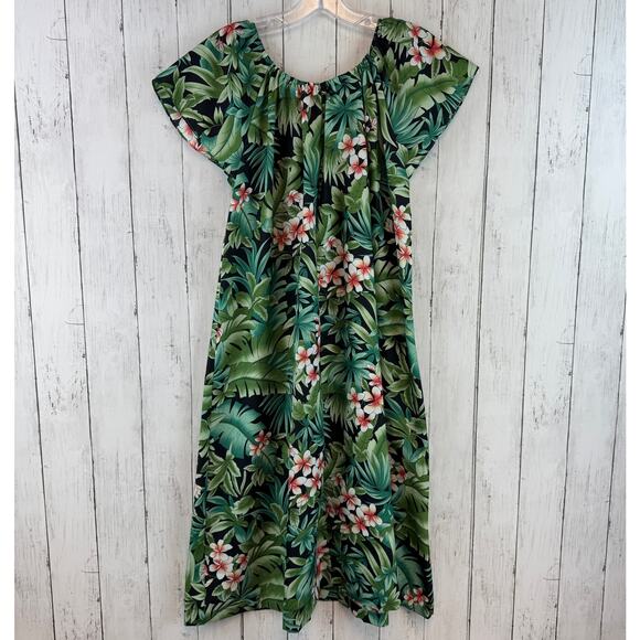 VTG Hilo Hattie Green Tropical Orchid Midi Muumuu Dress Hawaii USA Size Large - Picture 8 of 11